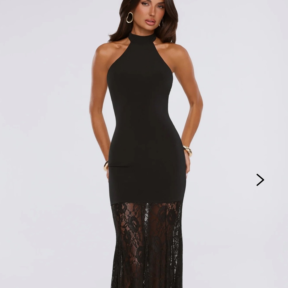 Halter Neck Black Lace Panel Maxi Dress